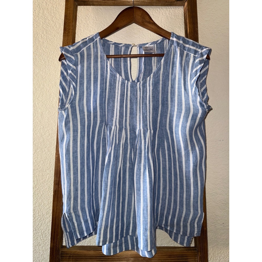 Lands End Blue White Striped 100% Linen Sleeveless Pintuck Blouse Top S 4 Boho